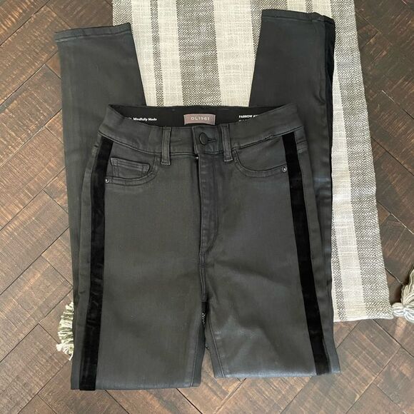 DL1961 Black Farrow High Rise Skinny Jeans With Velvet Stripe Size 26 - Picture 2 of 7